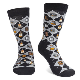 novelty crew socks featuring a whiskey theme