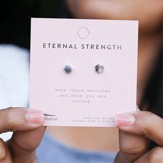 Lucky Feather Eternal Strength - Silver Hexagon Earrings