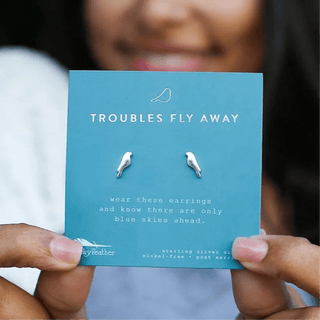 Lucky Feather Troubles Fly Away - Silver Bird Earrings