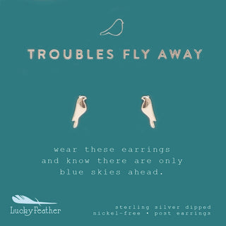 Lucky Feather Troubles Fly Away - Silver Bird Earrings