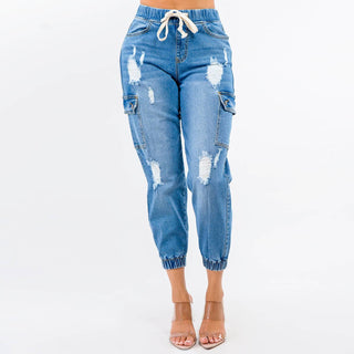 HIGH WAIST DISTRESSED DENIM JOGGER PANTS - Taryn x Philip Boutique